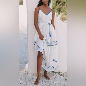 Anthropologie Celandine Embroidered Maxi Dress NWT Cotton White & Blue Tiered L